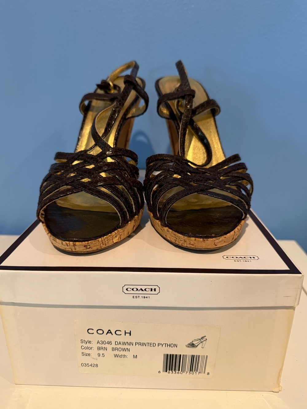 COACH Dawnn Printed Python Brown Strappy Cork-Platform Wedge Sandals